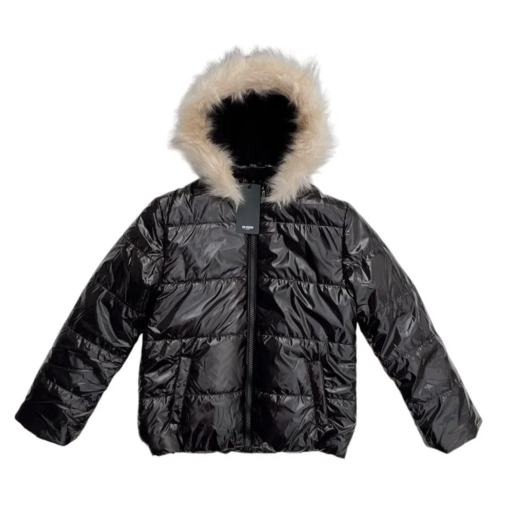 Hudson Kids Puffer Jacket Girls XL (16) High Gloss Deep Black Faux Fur New NWT
